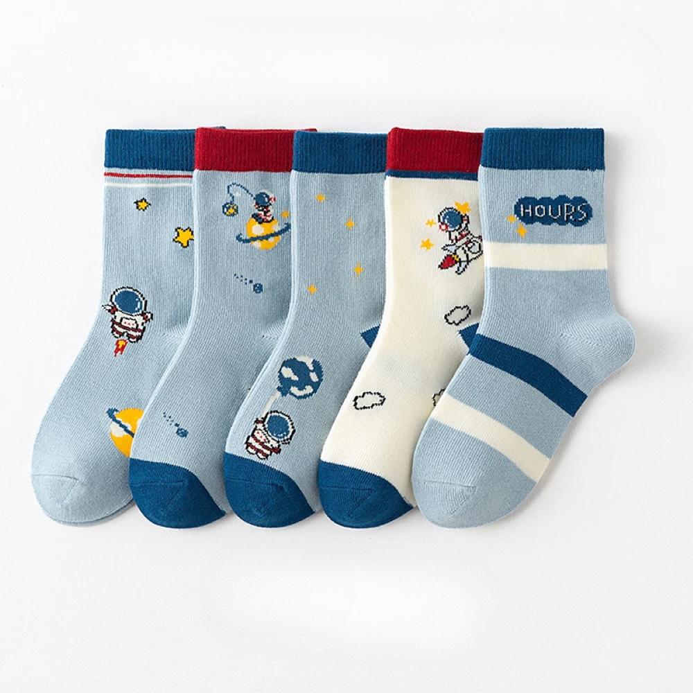 5Pairs Children's Warm Mid-tube Socks Little Astronaut Do Not Fade Comfortable Anime School Socks Clothes For Autumn 1-14 Years