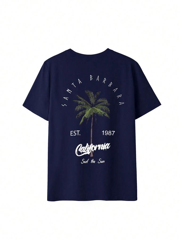 Womens Summer Casual Round Neck Palm Tree  Letter Print Vacation Style Short Sleeve TShirt Top