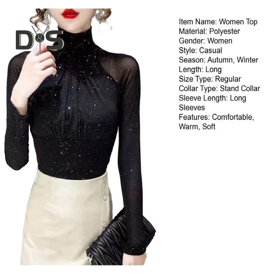 Women Long Sleeves Top Sexy Black Vintage French Pleated Mock Turtleneck Solid Color Slim Fit Soft Stretch Ladies Female Long Sleeves Shirt Undershirt