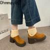 Platform Thick Heel Woman Fleece-lined Ankle Boots Fashion Round Toe Height Increase Shoes Ladies Warm Cotton Modern Bottes