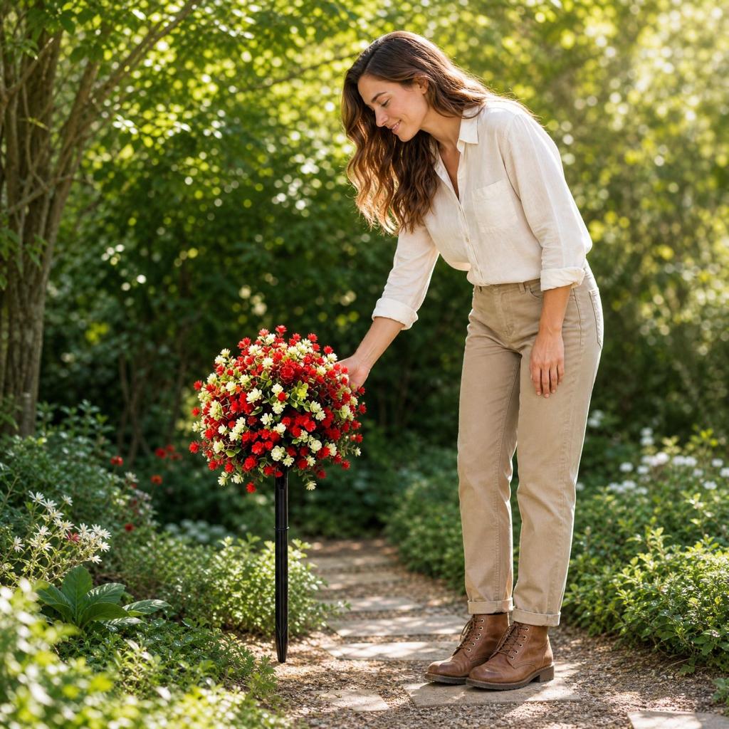 Artificial and Camellia Flower Stakes with Red and Berries for Outdoor Garden Yard Christmas Decor