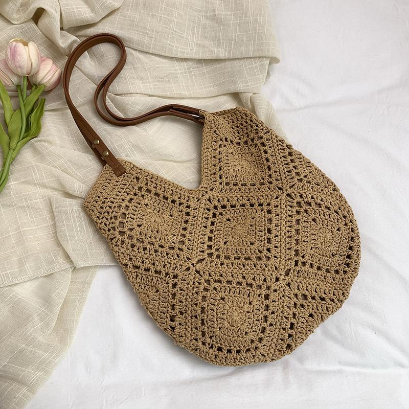 

2025 корейская версия новой плетеной сумки в стиле инс, литературная шерстяная сумка, сумка через плечо, полая пляжная сумка для морского отдыха хаки