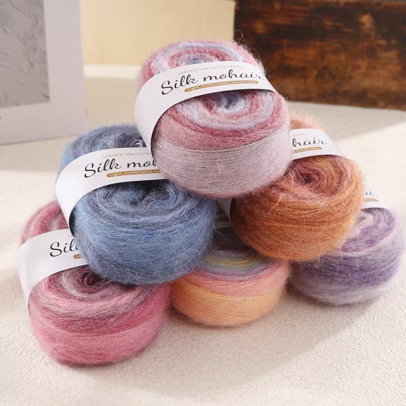 Candy-Colored Silk Gradient Tie-Dye Hand-Knitted Mohair Yarn with Metallic Thread