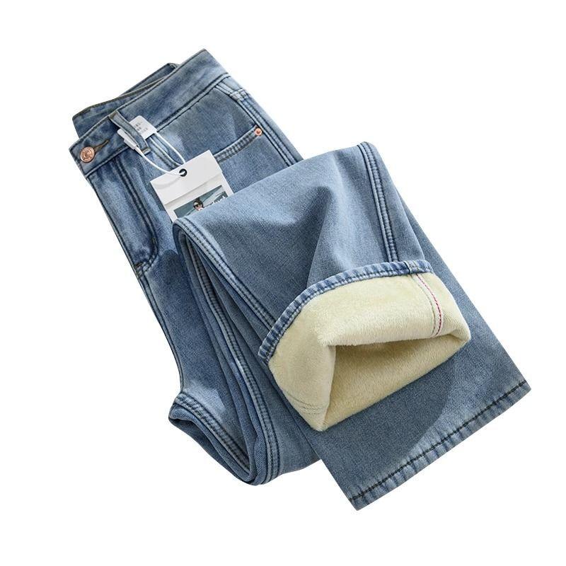 Large Size Jeans for Women with Plush Autumn and Winter High Waist Wide Leg Long Pants