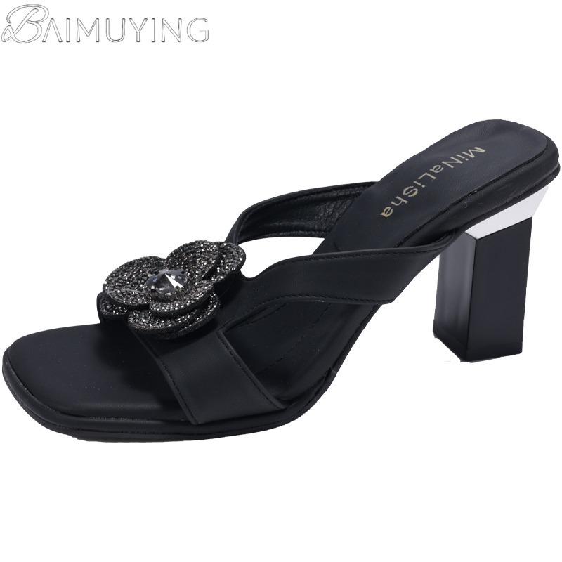 Flower High Heels Slippers Women Sandals Crystal Square Toe Shoes Summer 2025 Trend Dress Chunky Elegant Open Toe Pumps Mujer