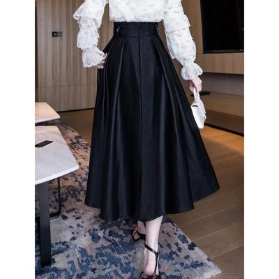 Saia preta elegante para mulheres saias largas de cintura alta com bolsos