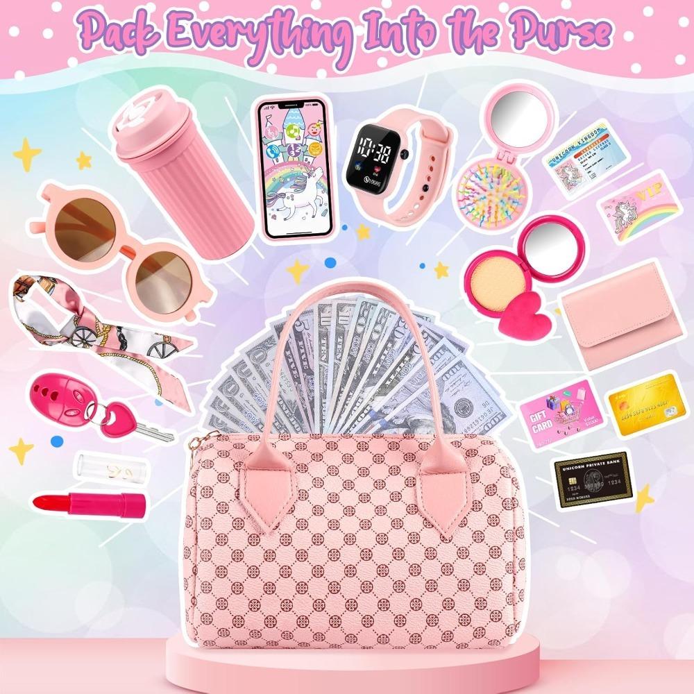 Play Purse for Girls Toddler Purse Pretend Makeup Princess Toys for Kids with Handbag Phone Wristwatch Silk Scarf Birthday Gift
