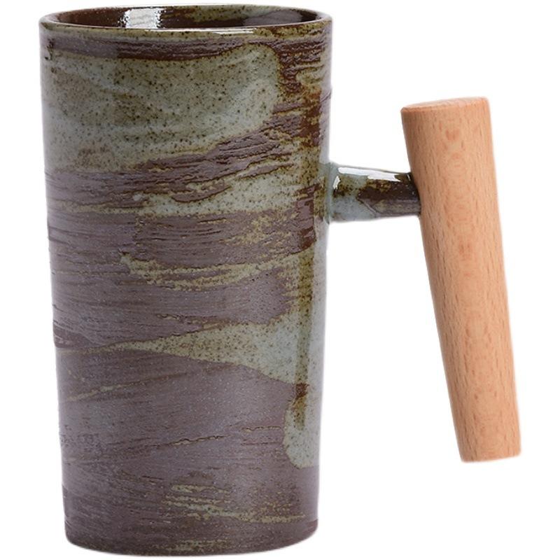 Vintage Ceramic Mug with Wooden Handle Japanese Style Coffee Cup for Couples Home Use