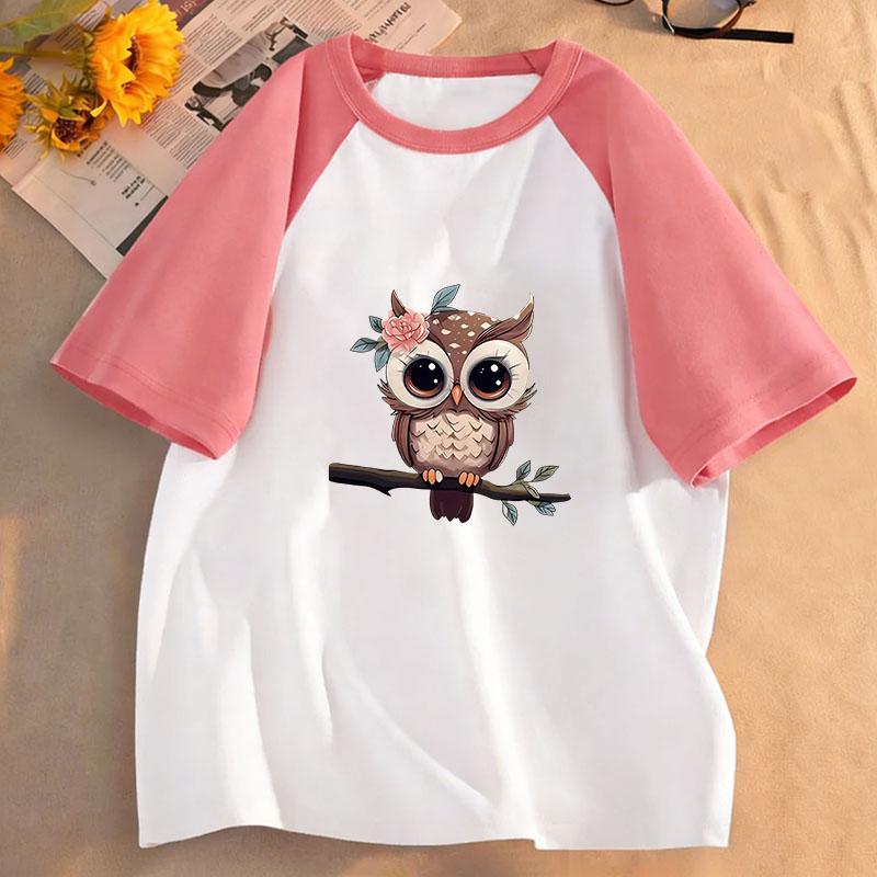 Cartoon Spring Kid Teen Tshirt Short Sleeved Owl Print Comfortable Casual Tops Tees Children's Clothing Boys and Girls T-shirt