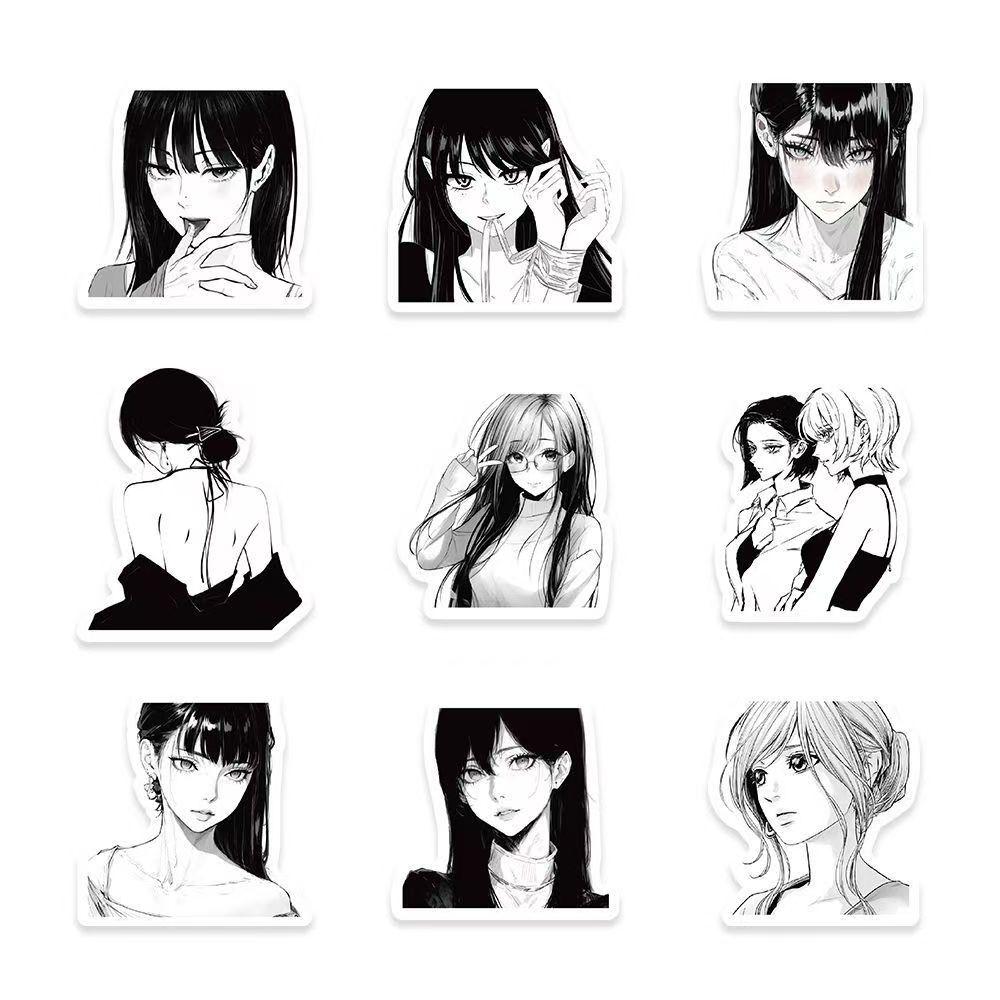 Anime Dívky Černobílé Samolepky, 100 kusů (neopakováno), voděodolný a opalovací krém.
