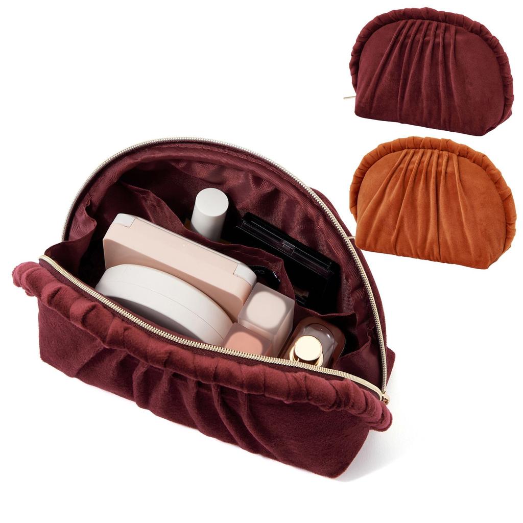 Francfranc Velvet Pleated with Compact Cosmetic Storage Pouch, Small, Wine, Pocket,