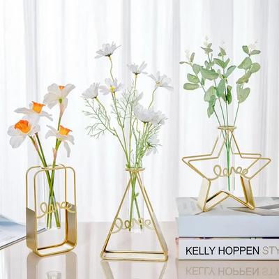 2024 Hydroponic Container 2Pcs/Set Nordic Style Geometric Exquisite Flower Vase Star Shape Metal Frame Glass Home Decoration
