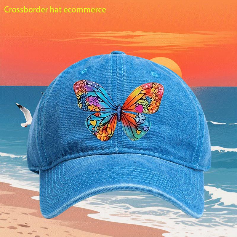 Colorful Butterfly Print Washed Baseball Cap Retro Style Polyester Adjustable Casual Outdoor Hat Unisex