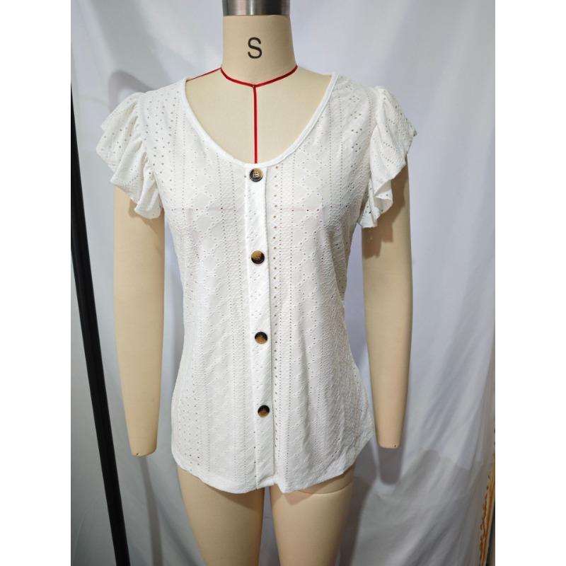 Womens V Neck Eyelet Embroidered Blouse With Short Flutter Sleeves Casual Button Down Top