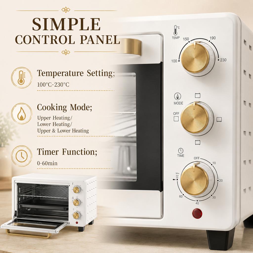 Mini Oven 21L Countertop Electric Grill Adjustable Temp 1400W White