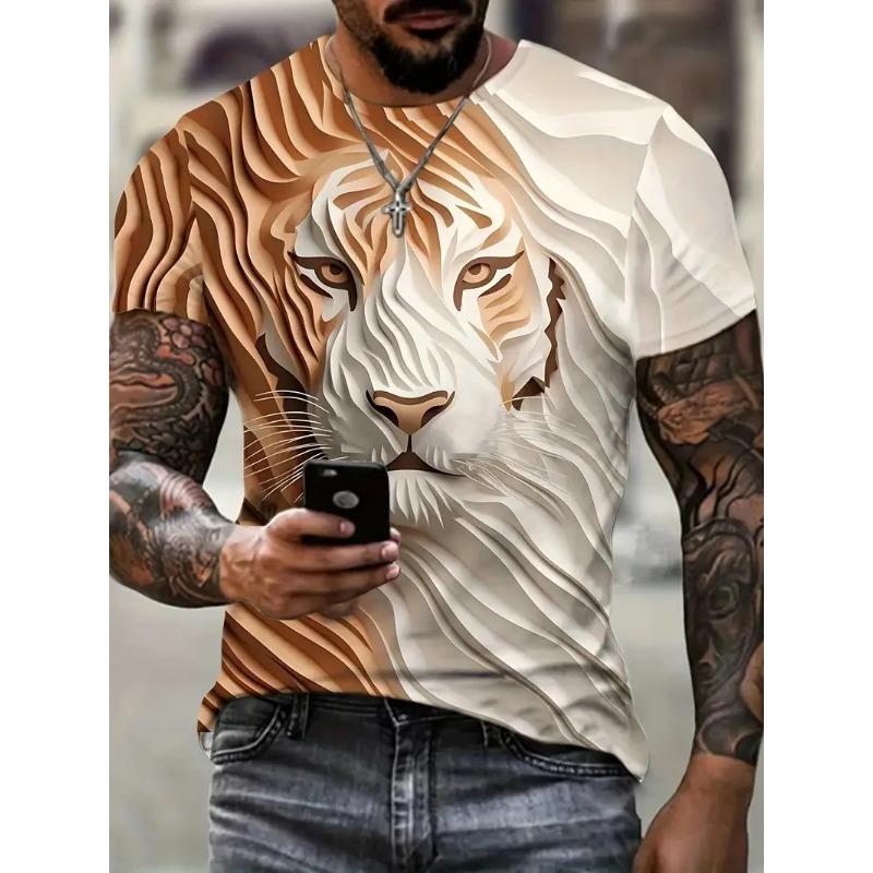 Summer Round Neck Animal Lion Pattern 3D Print Top Fashionable Casual Short Sleeved Men's T-shirts