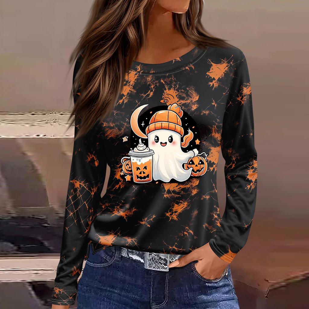 Women's Fashion Long Sleeve Top with Halloween Print and Side Slits, Round Neck