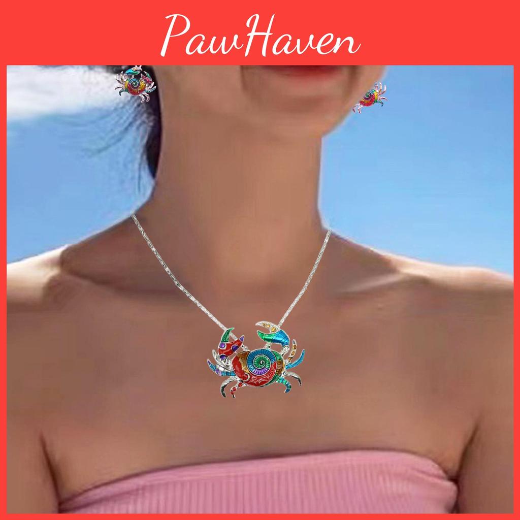 Ensemble Tendance Printemps Été Collier et Boucles d'Oreilles Crabe avec Finition Émail Coloré