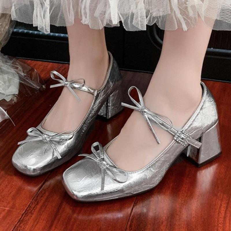 

Женские весенние новые дизайнерские босоножки на массивном каблуке с бантом, элегантные туфли-лодочки для вечеринки, женские удобные туфли на высоком каблуке, размеры 34--39 34 серебряный
