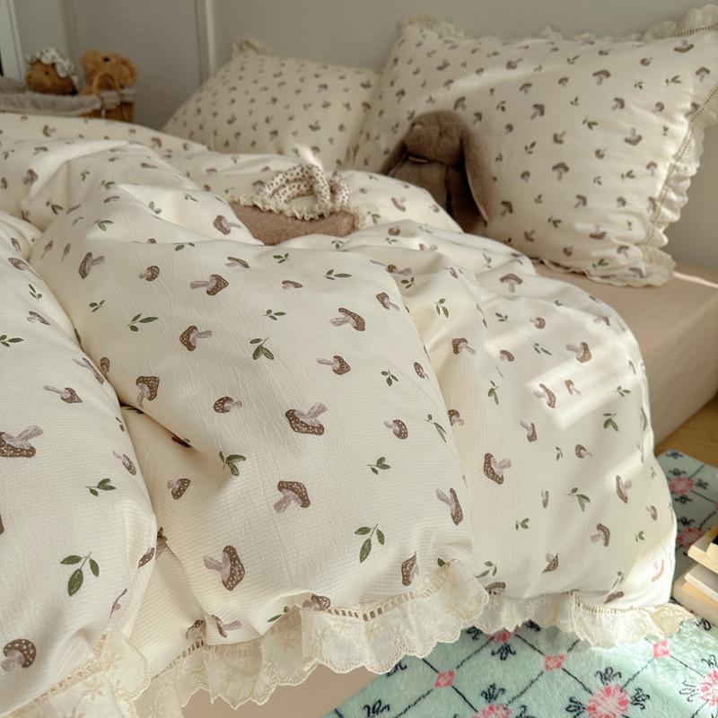 Seersucker Floral Bedding Four-piece Set Washed Skin-friendly Breathable Sheets Quilt Cover Pillowcase