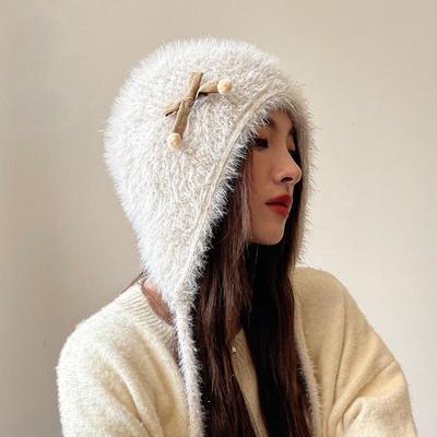 Chapeau femme doux et charmant pompon bonnet en laine tricoté mode protection oreilles en peluche montre le visage petit ensemble Chapeau femme
