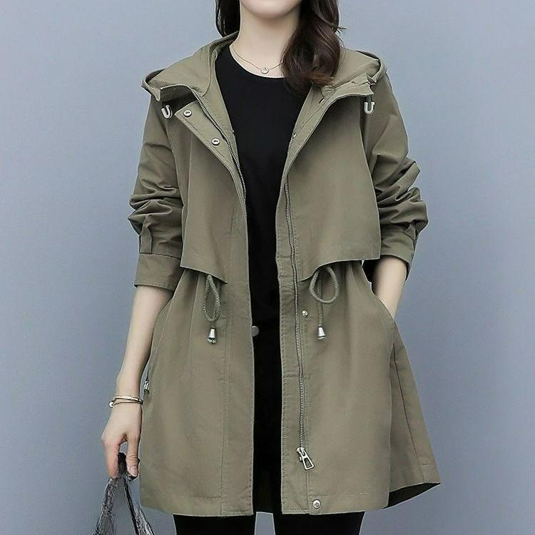 Tooling Windbreaker Women's Mid-length Spring and Autumn Clothes Loose Casual Fashion Army Coffee Color Hooded Jacket Trend