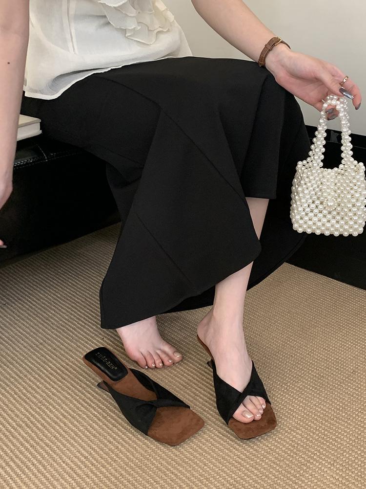 Suede Women's Square Toe Vocation Mules French Style Sandals New Summer Slippers Soft Frosted Open Toe Shoes Zapatos De Mujer