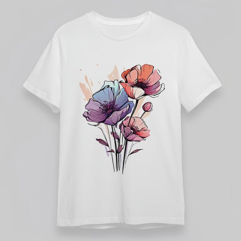 Women's Oversize Classic T-Shirt Gradient Hydrangea and Buds Artwork Cotton Tee