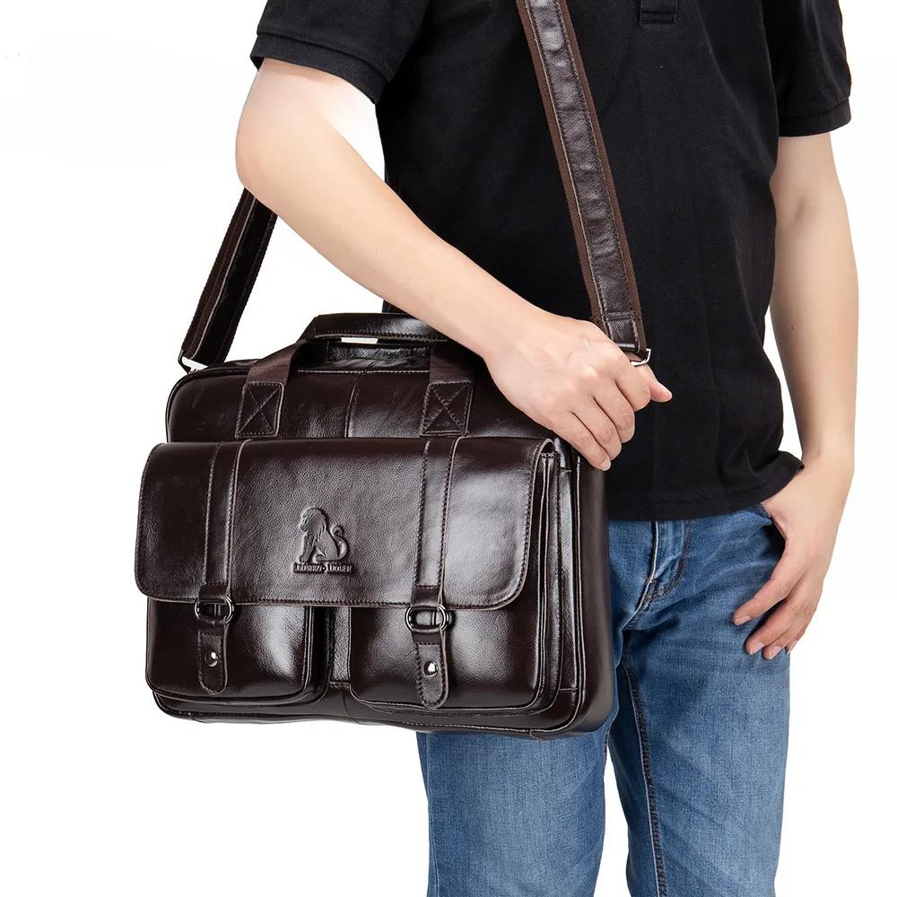 Men's Briefcase 100% Genuine Leather Business Large Capacity Handbag Waterproof