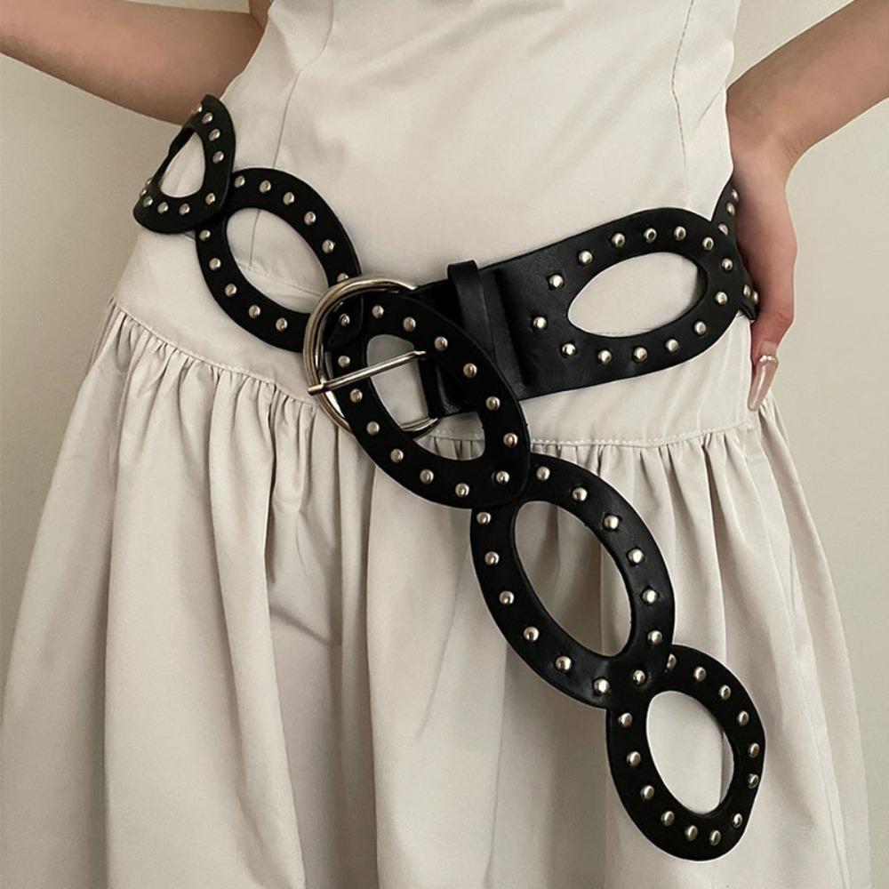 

Hollow Out Cowgirl Waist Belt Adjustable Rivet Waist Belt Fashion PU Leather Waistbands Party білий