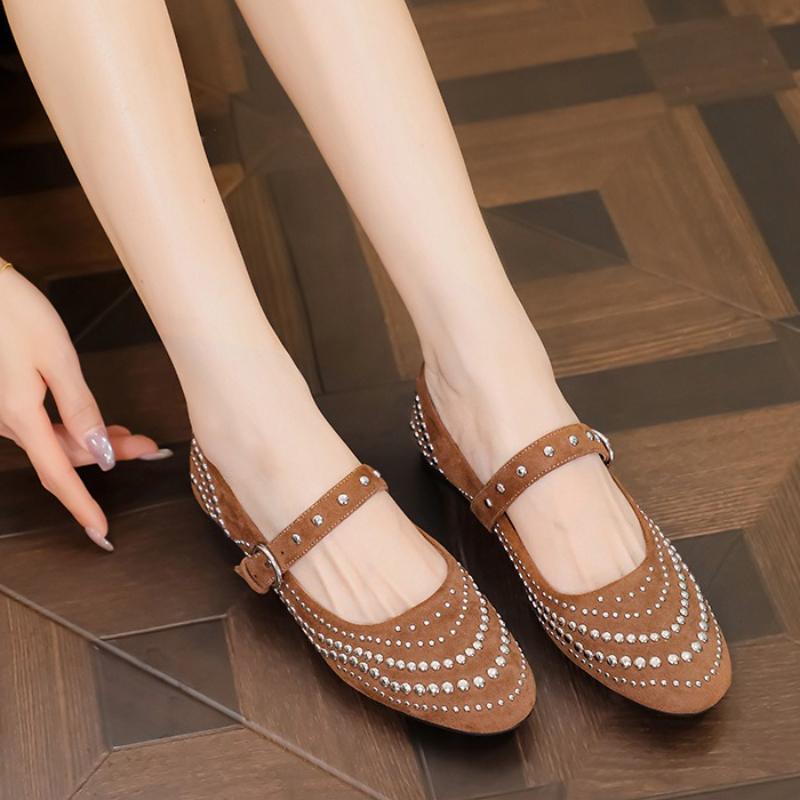 Fashion Retro Rivet Mary Jane Shoes Women Belt Buckle Shallow Round Toe Single Shoes Female Fashion Suede Elegant Dress Shoes Ladies