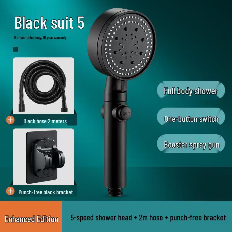 Five-Speed Frosted Black Shower Head & Booster Hose Set