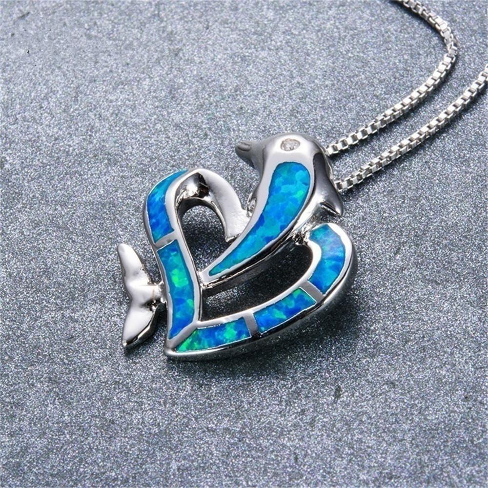 Boho  Animal Dolphin Heart Pendant Necklace for Women Girl  Imitation Blue Opal Necklace Wedding Jewelry