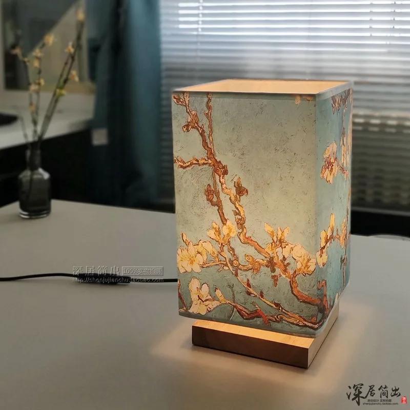 

Японская квадратная настольная лампа из цельного дерева, новая китайская ретро-дзен-ночник для спальни, ночник с теплым светом и регулируемой яркостью светодиода power switch button