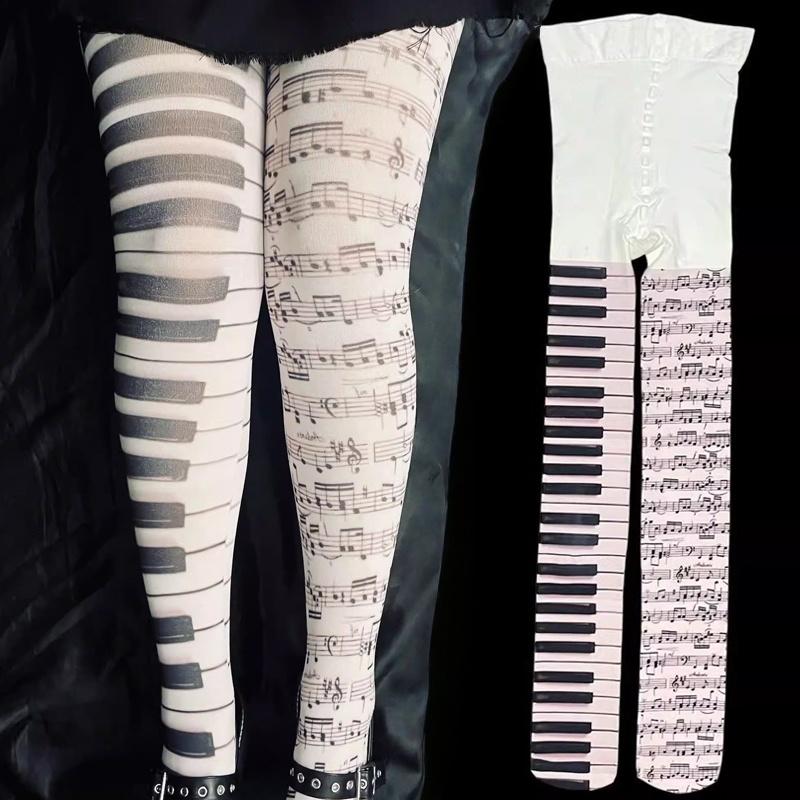 2000S Emo Style Tights Y2K Themed White Leggings with Piano Note Prints Harajuku Style Tights Cute Cosplay Socks