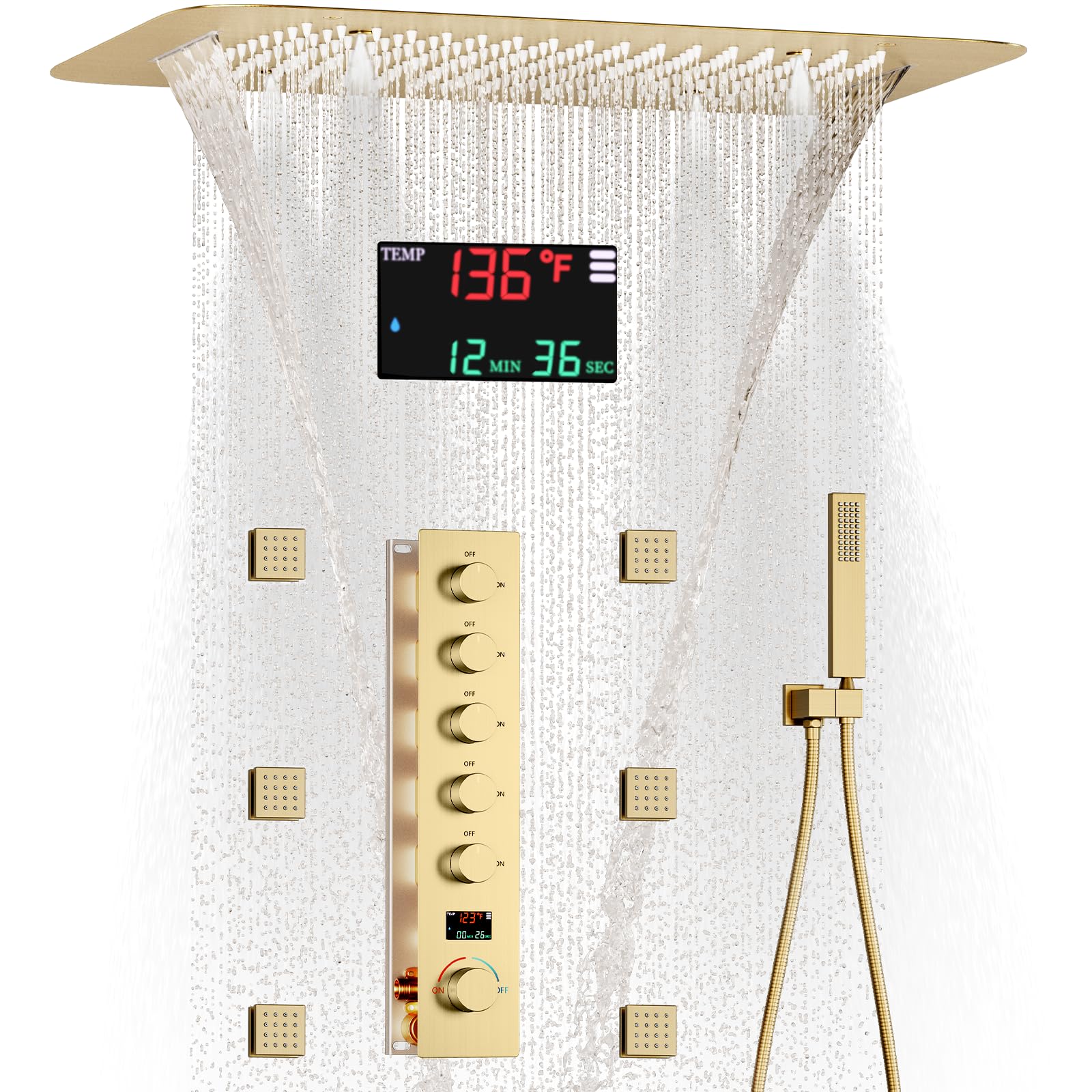 Brushed Gold Uncoated Brass Rainfall Waterfall Mist Bathroom Shower System (as the picture,Brass)