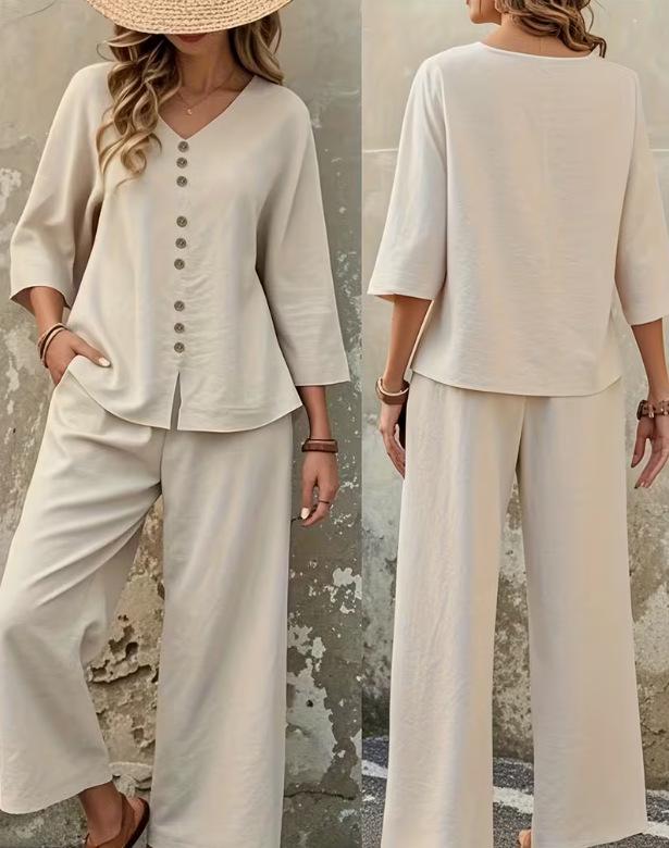 

2025 Elegant Solid Color Top and Pants Set with Button Details XL абрикосовий