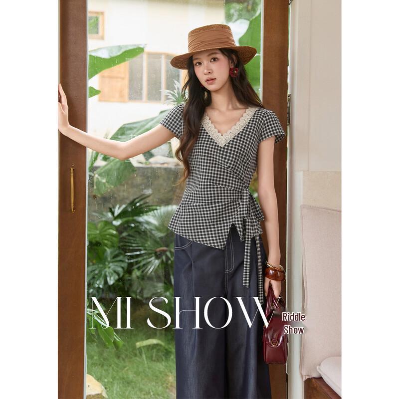 Women s Retro Plaid V-Neck Tie-Front Blouse S