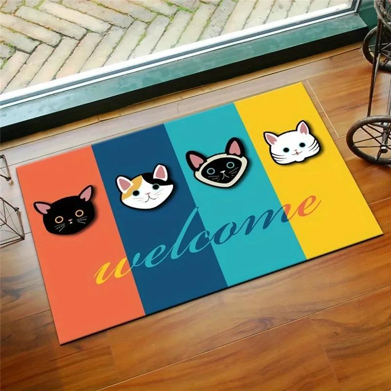 VIKAMA Cartoon Cat Pattern Carpet Anti-slip and Easy-to-Clean Floor Mat Outdoor Entrance Welcome Door Mat Home Decoration