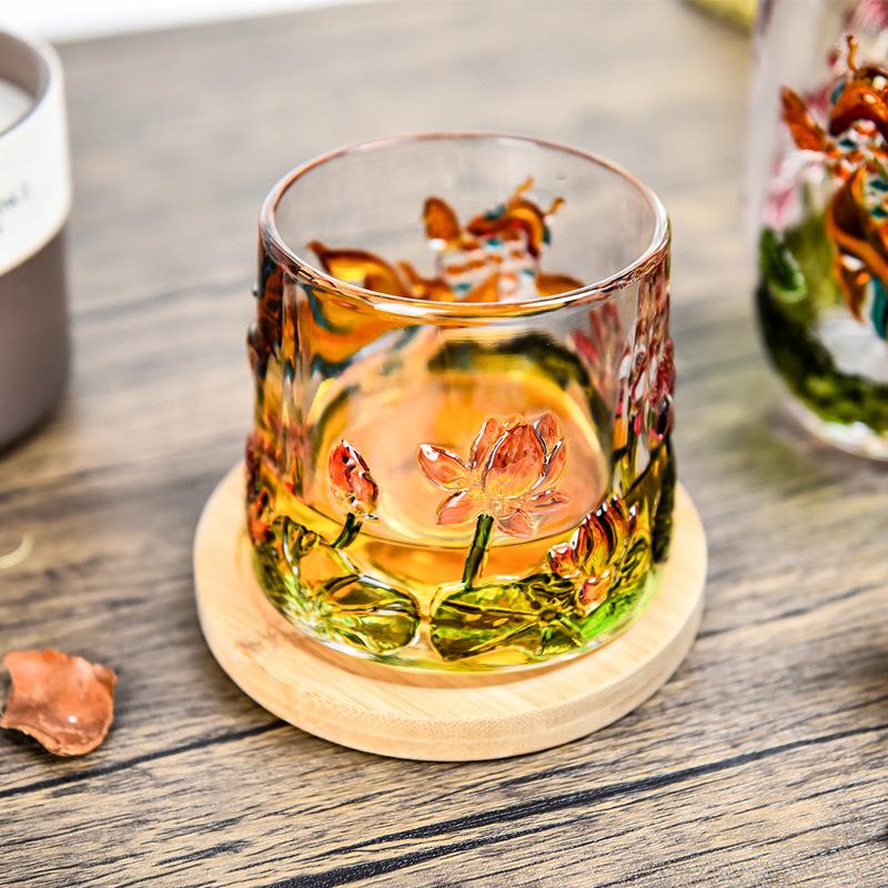 Chinese Style Painted Rotating Glass Cup with Base Whiskey Glass Creative Koi Lotus Design