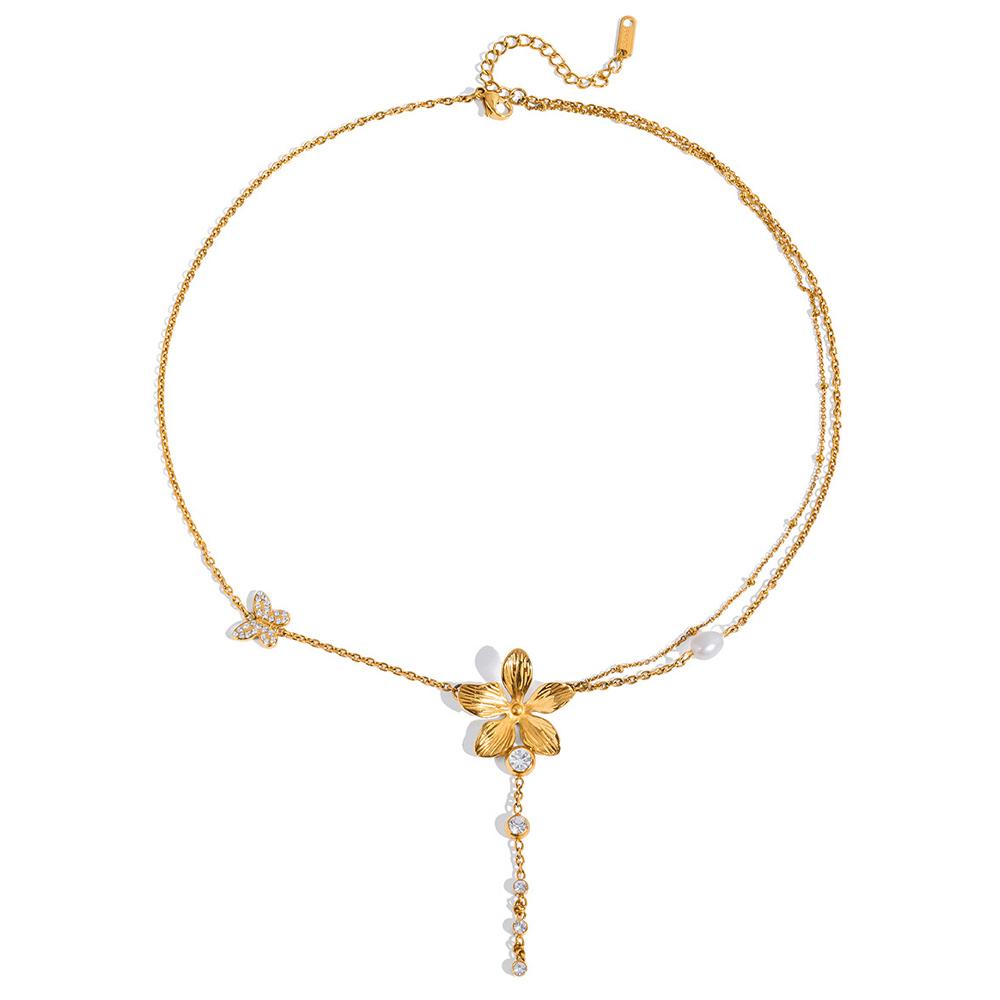 

Beach Pearl Flower Tassel Necklace Holiday Accessories Waterproof Summer Butterfly Stainless Steel Choker Necklaces Party Women