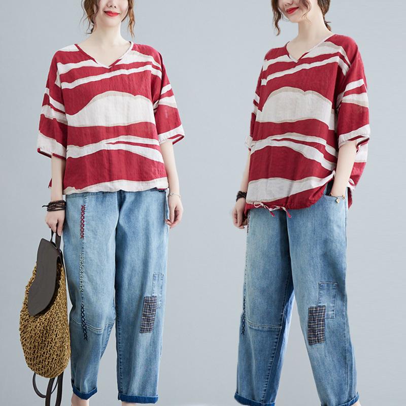 Summer Printed Short-sleeved T-shirt V-neck Cotton and Linen Loose Large-size Women's Top T-shirt Cotton and Linen Shirt