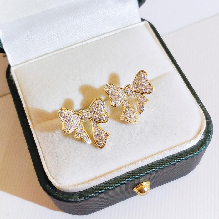 Full Diamond Bow Earrings Tide Super Fairy Temperament Muse Fan Earrings Simple Spring And Summer Earrings