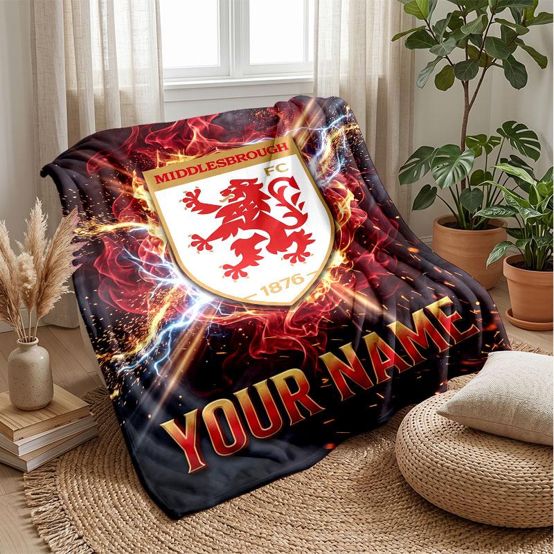 Middlesbrough FC Custom Name Text Flannel Blanket Soccer Logo Personalized Fleece Throw Blanket Special Gift For Sofa Bedroom Home