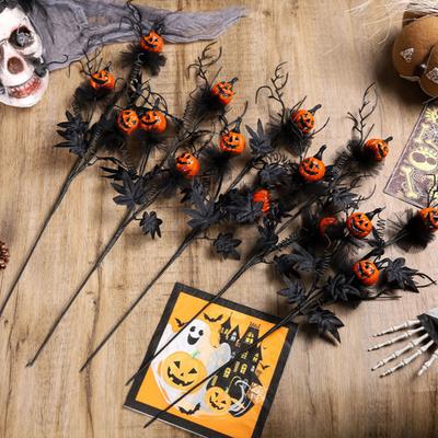 Artificial Halloween Stem Faux Curly Willow Branch with Pumpkin And Black Maple Leaves Gothic Fake Twig Picks for Vase DIY Home Decor