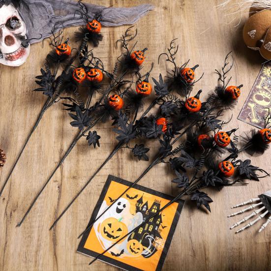 Artificial Halloween Stem Faux Curly Willow Branch with Pumpkin And Black Maple Leaves Gothic Fake Twig Picks for Vase DIY Home Decor