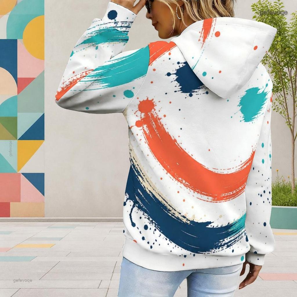 Women Plus Size Abstract Printed Long Sleeve Drawstring Hoodie Kangaroo Pocket Pullover