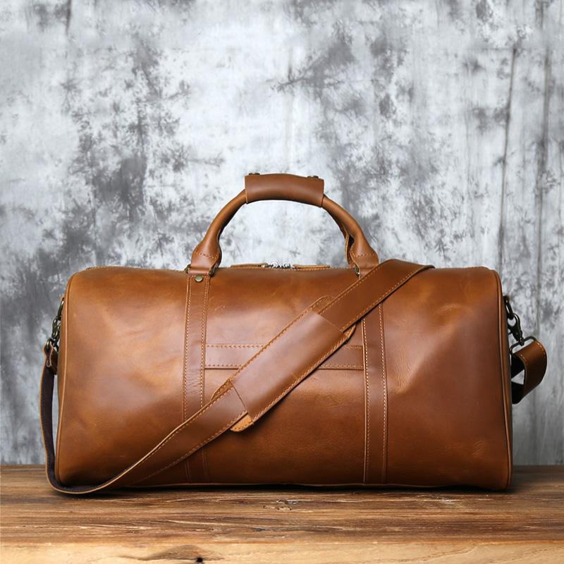NZPJ Retro Genuine Leather Travel Bag Crazy Horse Leather Men's Handbag Top Layer Cowhide Crossbody Bag Wearable Trolley Luggage