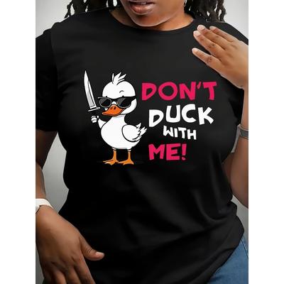 Womens Plus Size Cartoon Duck Print Crew Neck Short Sleeve T Shirt Casual Plus Size Apparel