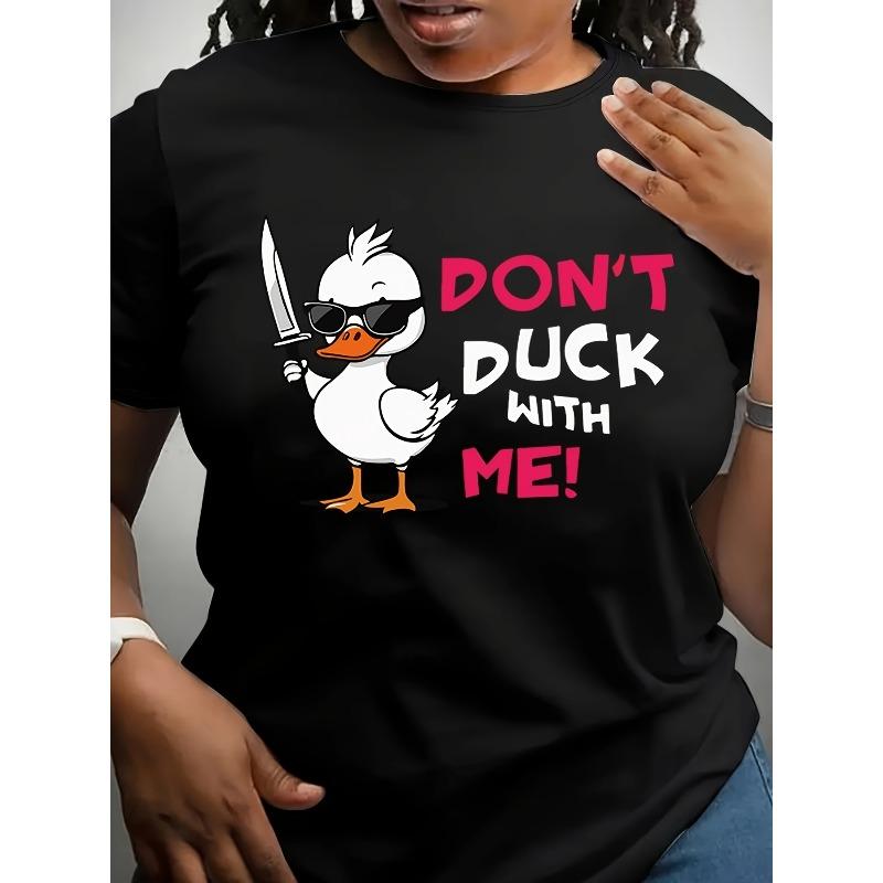 

Womens Plus Size Cartoon Duck Print Crew Neck Short Sleeve T Shirt Casual Plus Size Apparel XL чорний